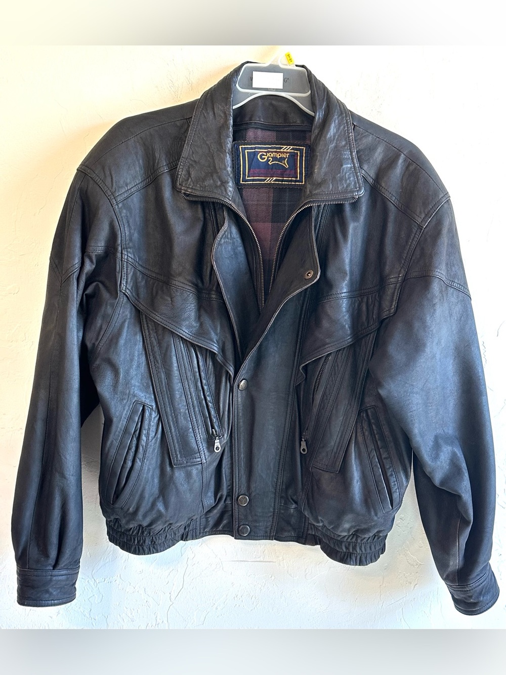 Vintage Glampier 90s Black/Brown Leather Bomber Jacket Plaid Lining Sz L